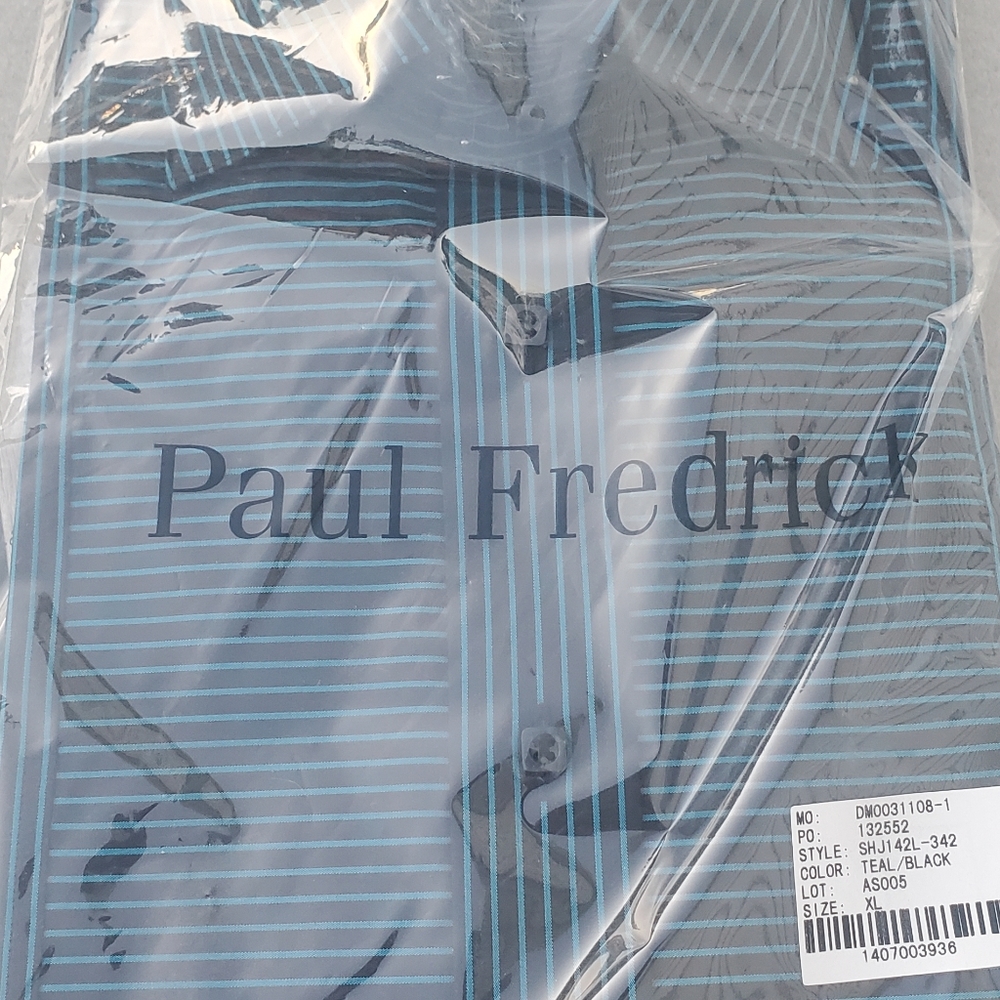 Paul Fredrick Men's Black With Teal Striped Button Up LS Shirt 100% Cotton XL.